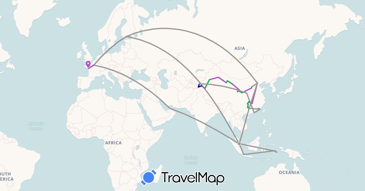 TravelMap itinerary: driving, bus, plane, train, boat in United Arab Emirates, China, Finland, France, Hong Kong, Indonesia, Singapore (Asia, Europe)